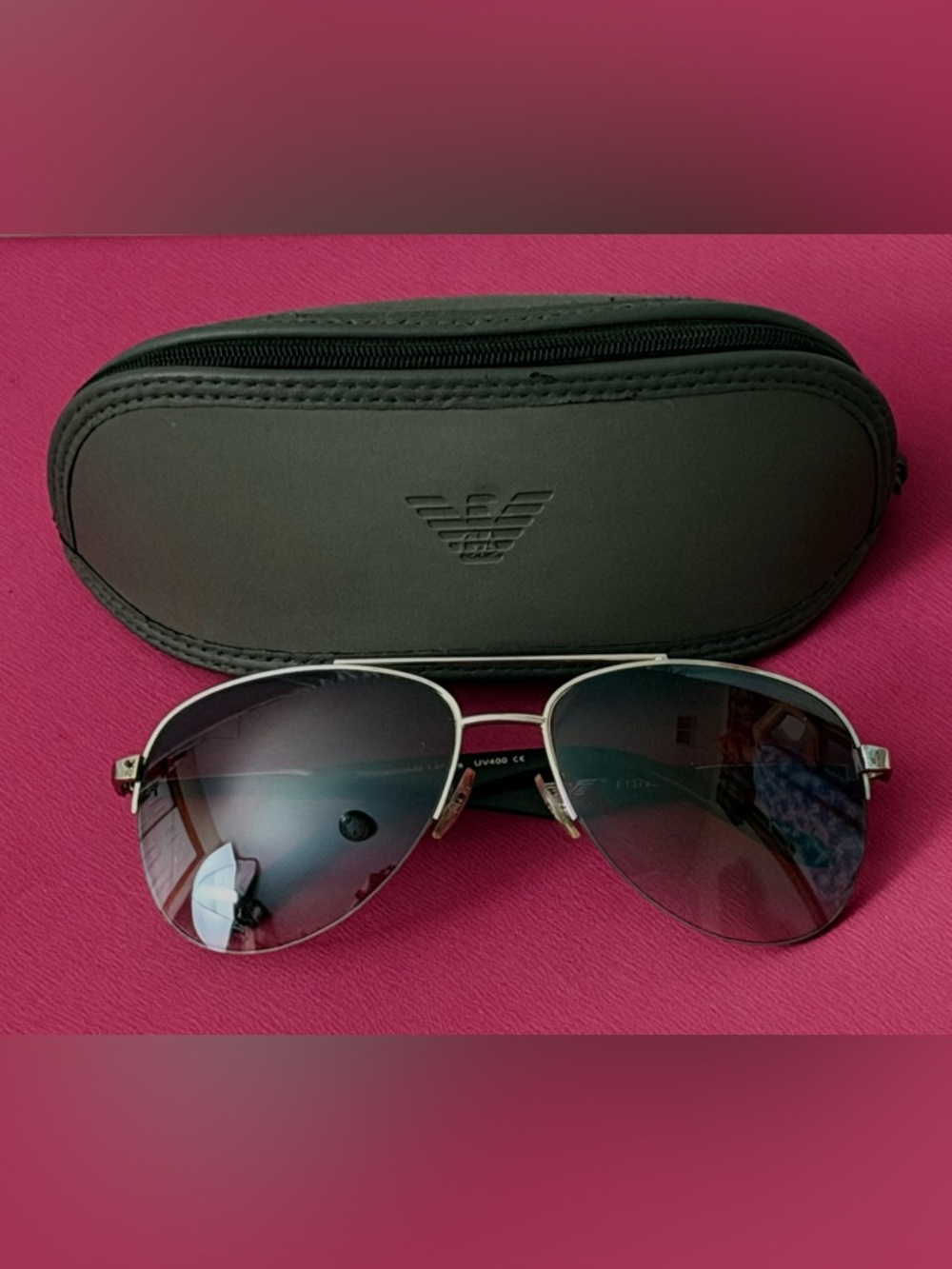 Emporio Armani Silver Frame Aviator Sunglasses with Gradient Black Lenses UV400